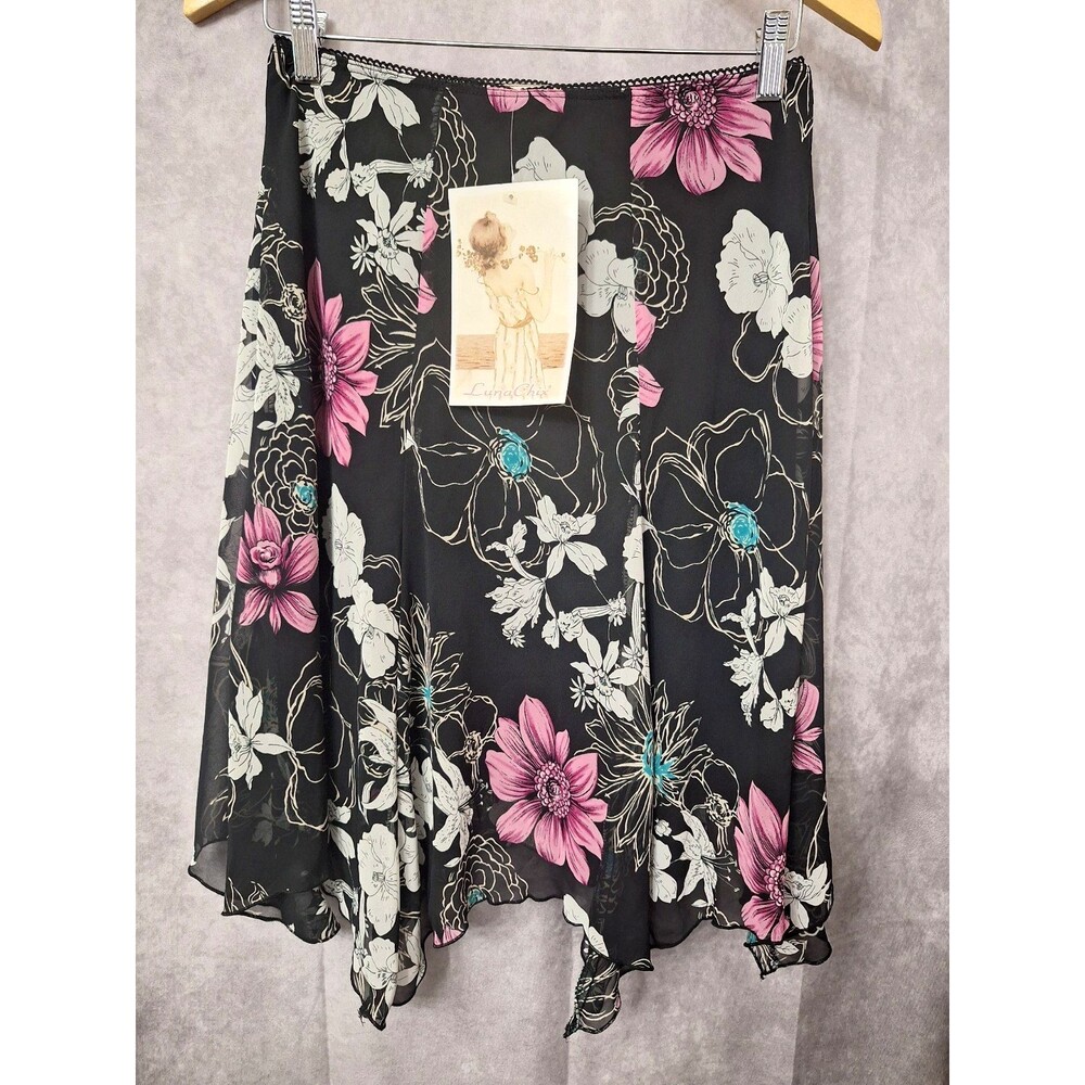 Vtg Y2K 2000s Luna Chix Handkerchief Whimsigoth Midi Skirt Sz M Floral‎ Pull On
